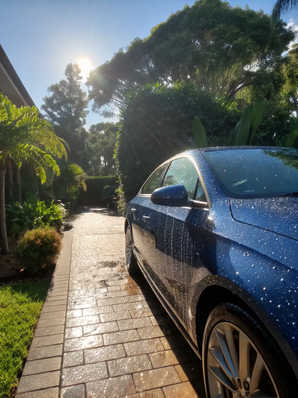 A high-gloss car exterior after professional detailing, highlighting the shine and clarity of the paintwork after waxing and polishing.