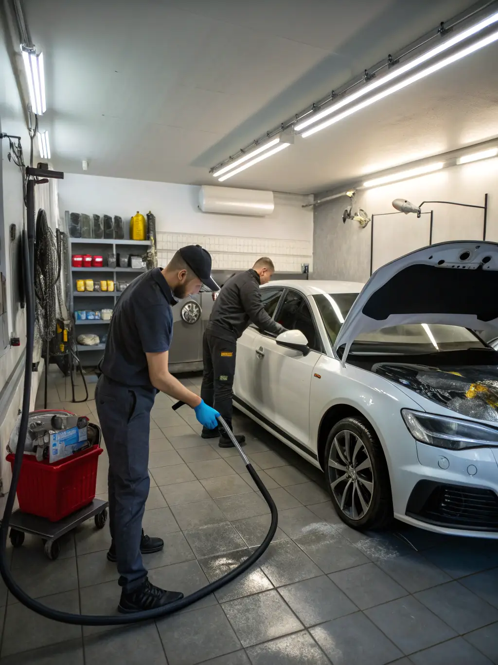 A luxury sedan undergoing a full-service detailing, with technicians meticulously cleaning both the interior and exterior, showcasing the comprehensive nature of the service.