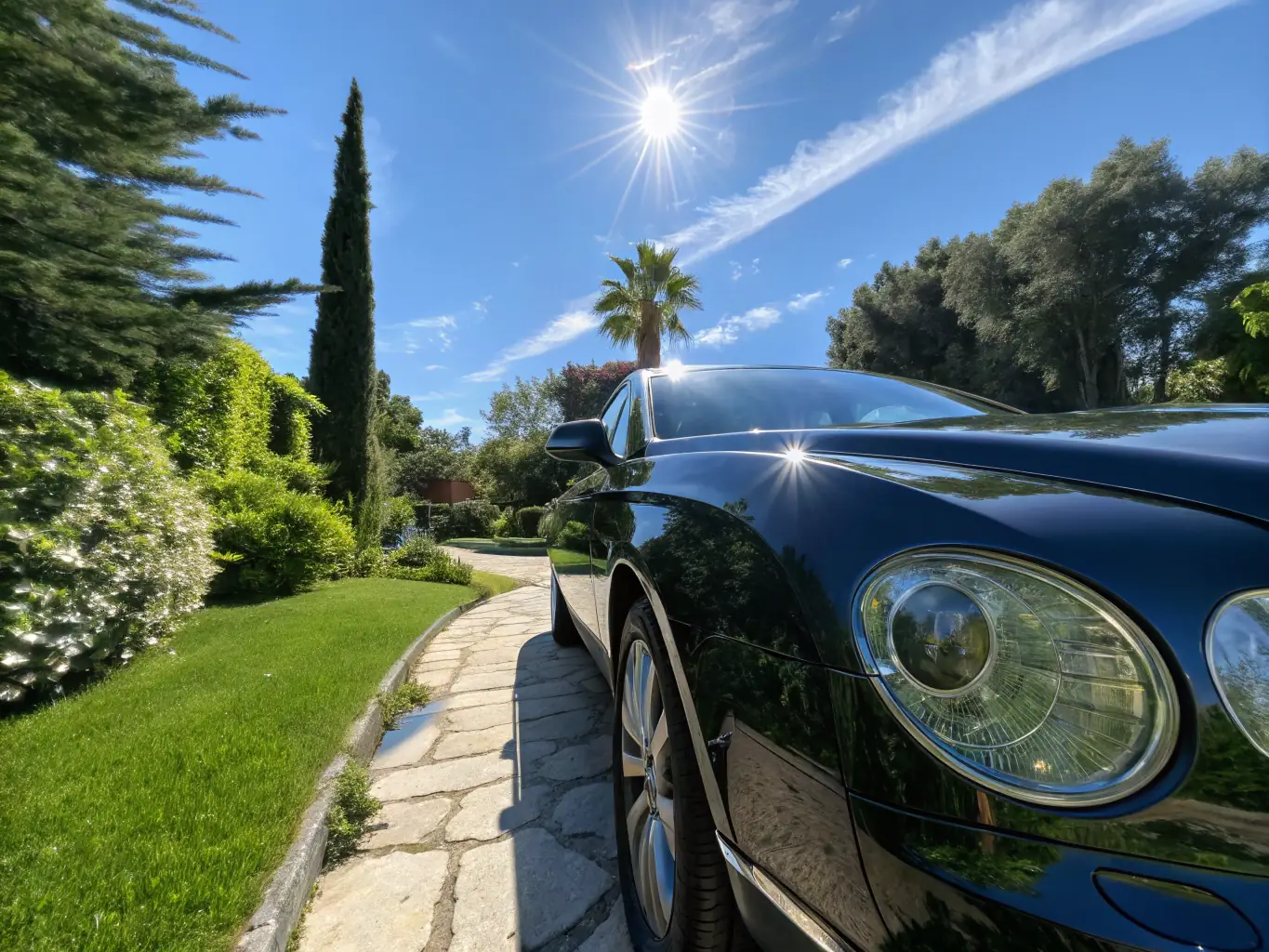 A gleaming luxury car after an exterior detailing service, highlighting the flawless paint finish and attention to detail. The car is parked in a well-lit area to showcase its shine.